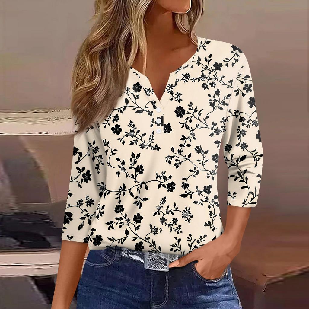 Women's T Shirt Print Button 3/4 Sleeve Daily Weekend Fashion Basic V- Neck Regular Top