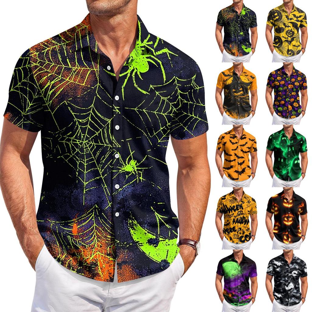Men's Casual Short Sleeve Shirt Button Down Lightweight Breathable Fabric Halloween Bat Print Shirt for Summer Beach Party