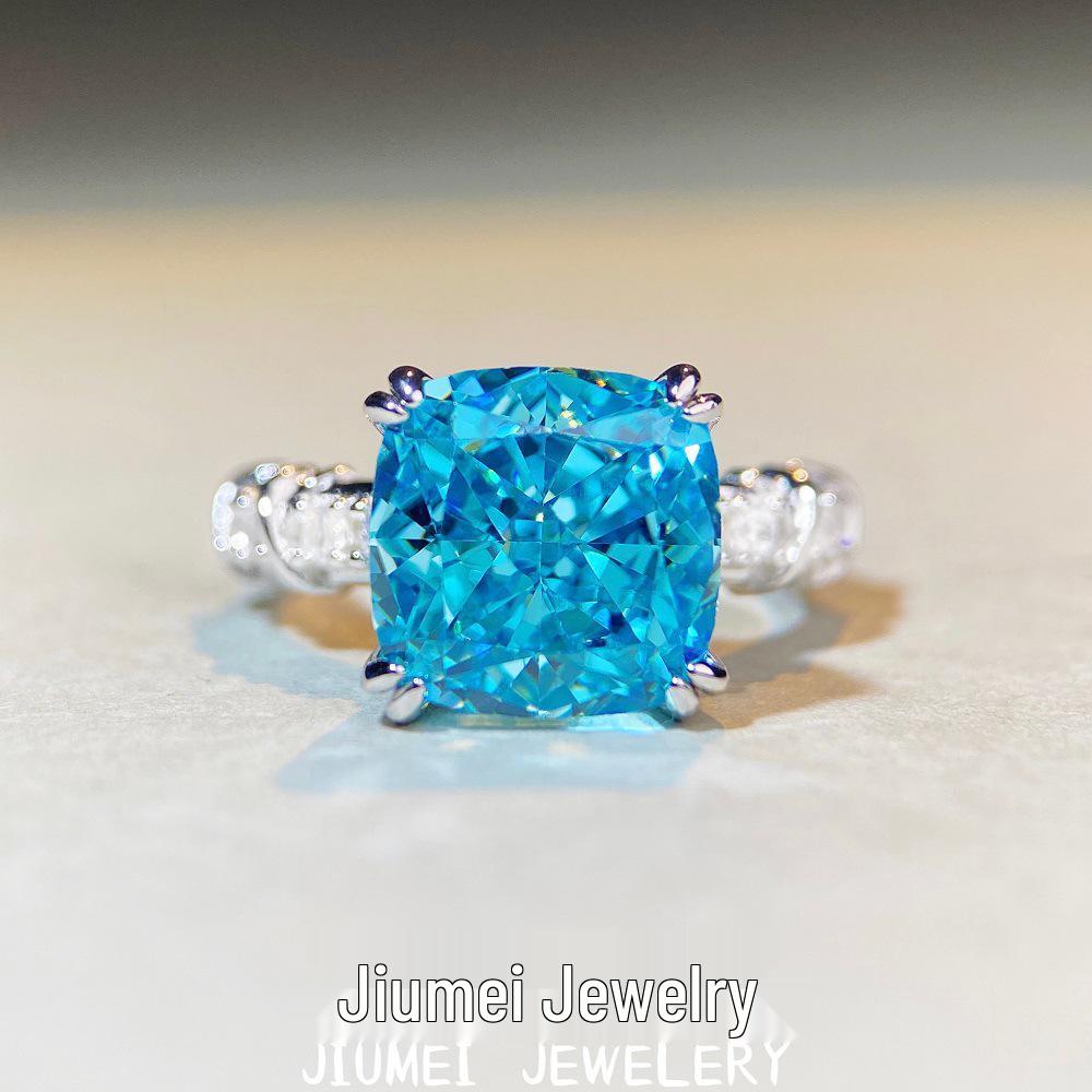 

Exquisite S925 Silver Square Sugar High Carbon Diamond Women s Ring with Aquamarine Accent - Bold European/American Style. Size 7