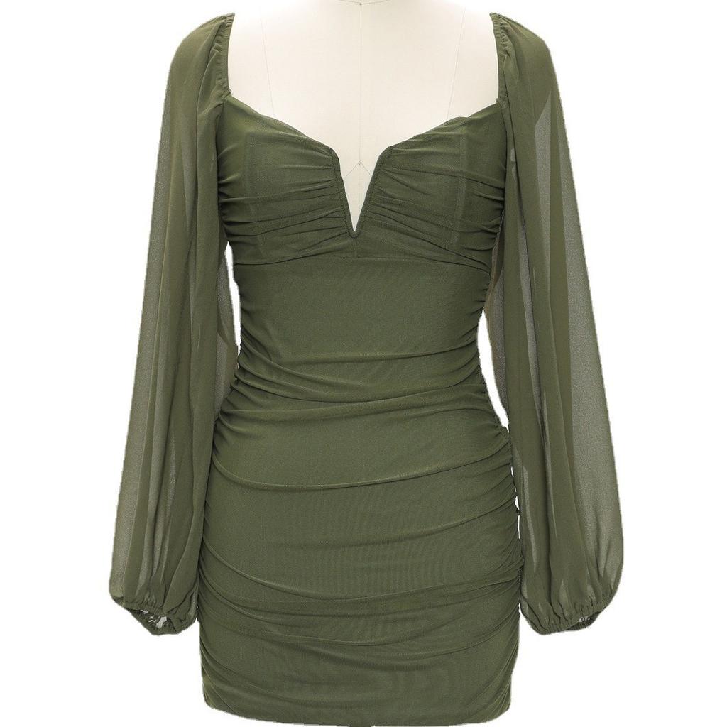 GMXIA Moda damska Lato Wiosna Jednolity kolor Drukuj Długie rękawy, Dekolt w kształcie litery V, Wysoka talia, Casual Sukienki