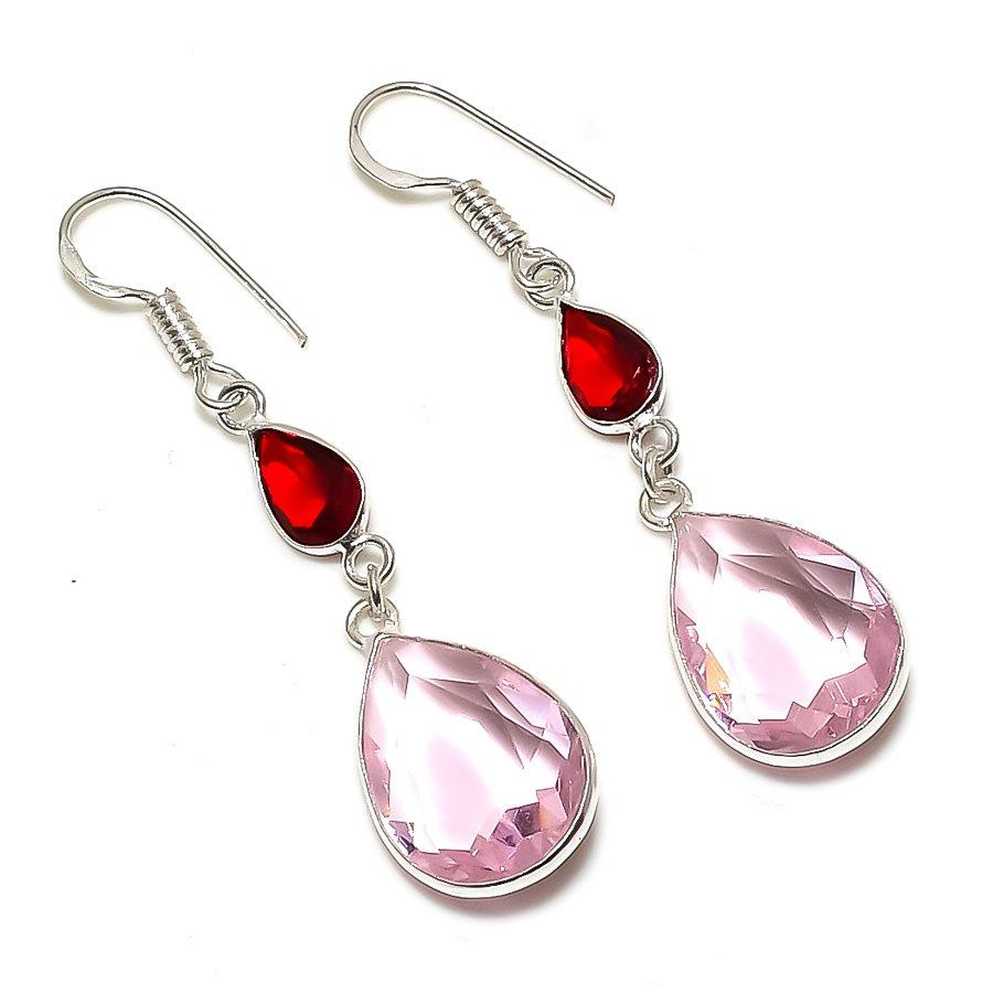 

Подарочные серьги ручной работы из стерлингового серебра 925 пробы с натуральным розовым кунцитом и гранатом 2,17 дюйма Q7N65