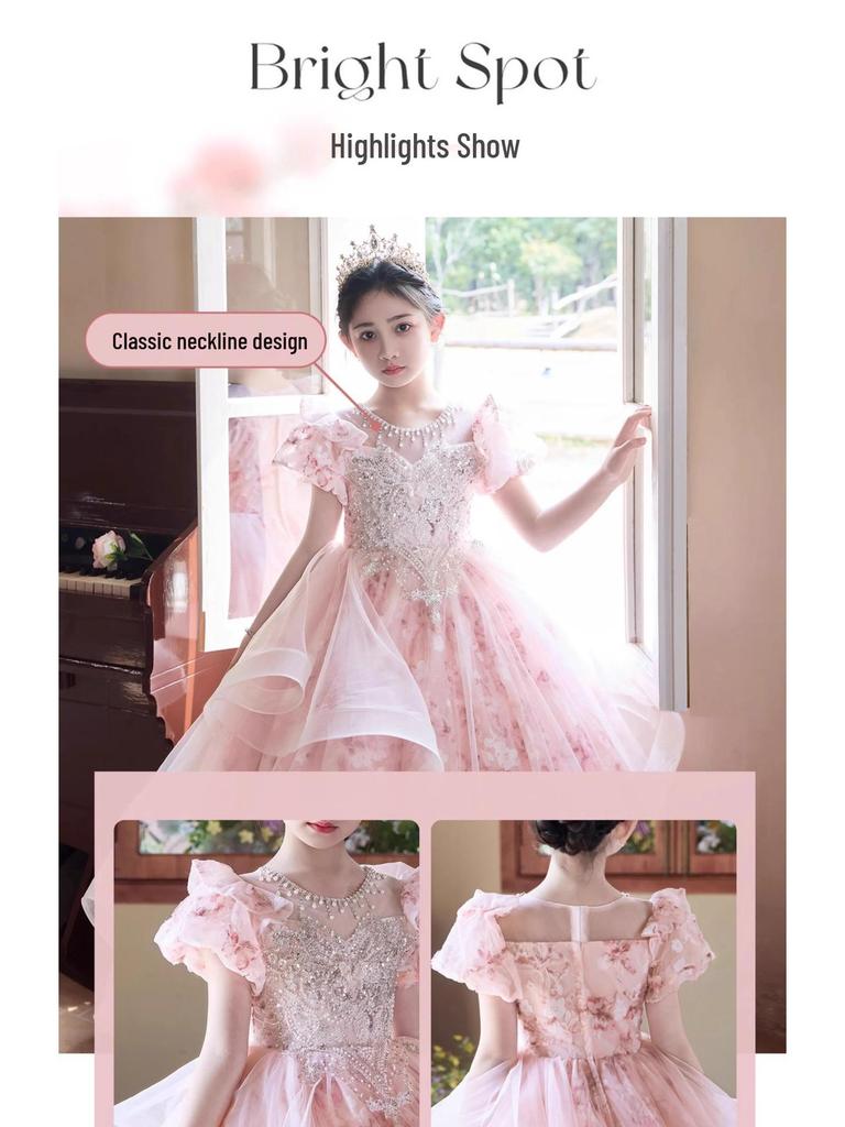 Pink Mori Style Luxury Tulle Princess Dress for Children's Birthday & Piano Performance