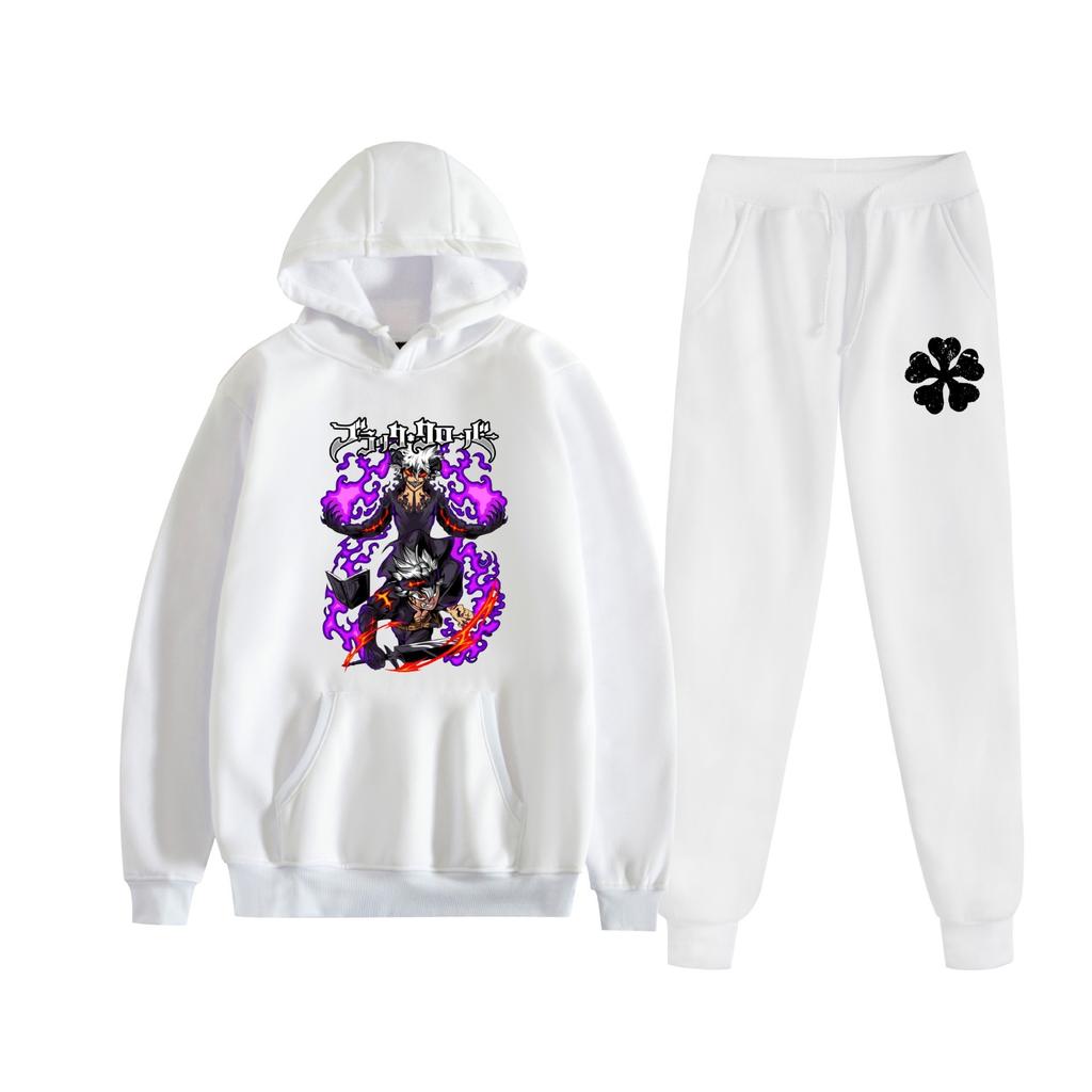 Europe, America, Autumn and Winter Black Four-leaf Clover Peripheral Two-dimensional Men's and Women's Leisure Sports Fleece Hooded Sweater Set 