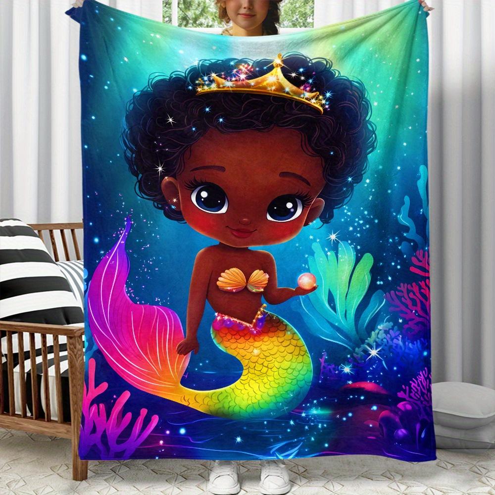 Cute African American mermaid princess rainbow tail flannel blanket fantasy underwater scene childrens bedding soft throwblanket 75X95CM