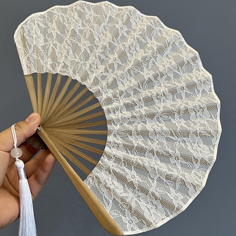 Traditioneller Vintage-Faltfächer Weißer Spitzenstoff mit Quasten Handfächer Handgefertigt Zarter Handkurbel-Fächer Hochzeit