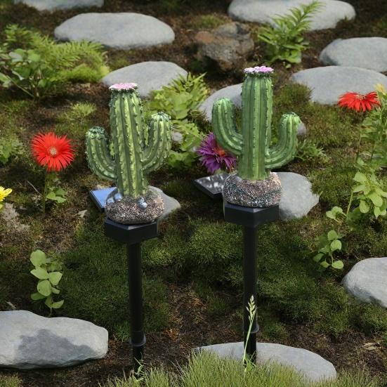 Solar Powered Garden Lights Cactus Light, Resin Pathway Waterproof Decorations for Patio LED Light with Stake Yard Lawn Decor Warm