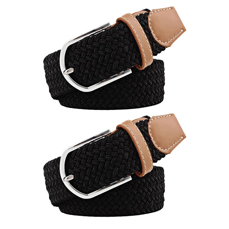 

[RAKUKOU] belt men s mesh belt Set of 2 Free size adjustment braid ladies elastic belt extend casual business gentleman (black, 105CM)