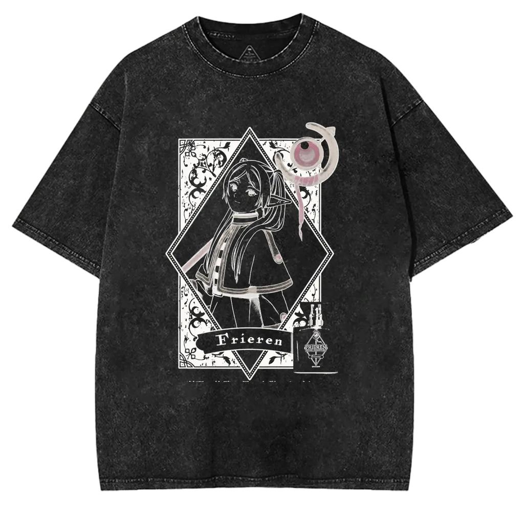 Frieren Beyond Journey's End Anime T-shirt Washed Oversized Tshirt Short Sleeve Casual Cotton Tees Tops Men's Unisex Clothing