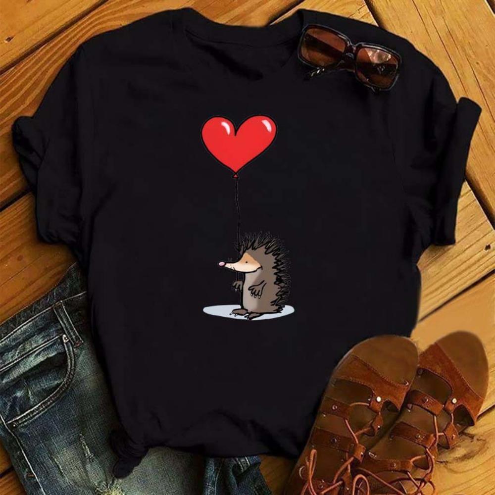 Women's Short-sleeved Hedgehog Print Fashion Round Neck T-shirt Oversized T-shirt Aesthetic Clothes Top