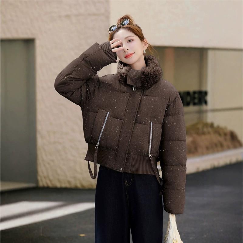 Womens Short Cotton Puffer Jacket With Faux Fur Collar Loose Fit Winter Coat Daily Wear