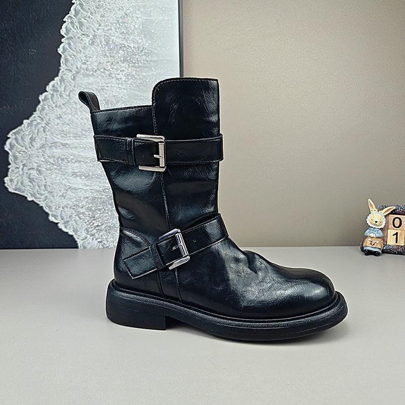 Autumn Winter Vintage Belt Buckle Women Ankle Boots Fashion Slip on Shoes Concise Low Heel Short Booties Shoes Zapatos Mujer 40 чёрный 4580₽