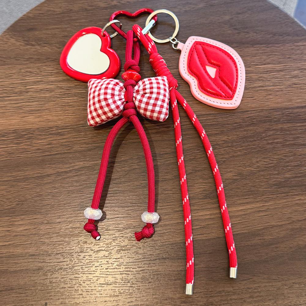 Red Gingham Bow Keychain with Heart Mirror And Lip Pendant Cute Sweet Style Bag/Key Decoration Accessory Braided Rope Material