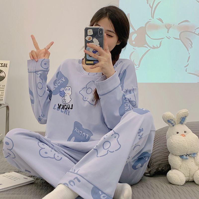 Women's Korean Style Cartoon Long Sleeve Casual Home Set with Chest Pads