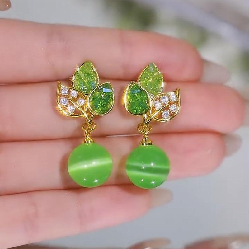 Silver Needle Diamond Glass Hollow Leaf Earrings Low-key Light Luxury High-end Earrings Fashion Retro Temperament Earrings Women