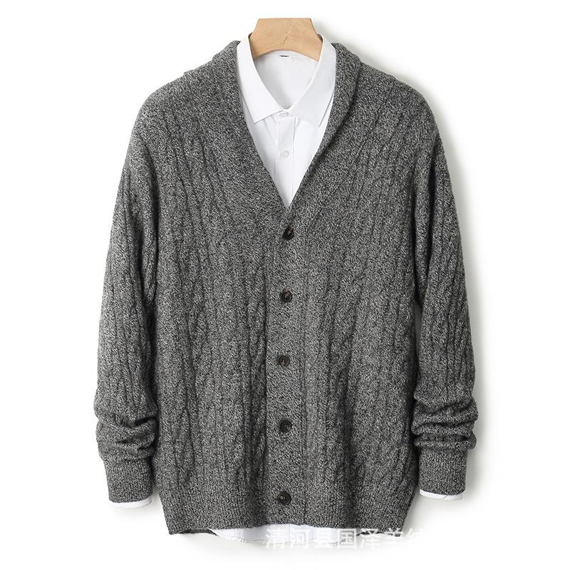Men'S Vintage Jacket, Autumn/Winter 100% Wool Knit Cardigan, Green Fruit V-Neck Cashmere Jacket