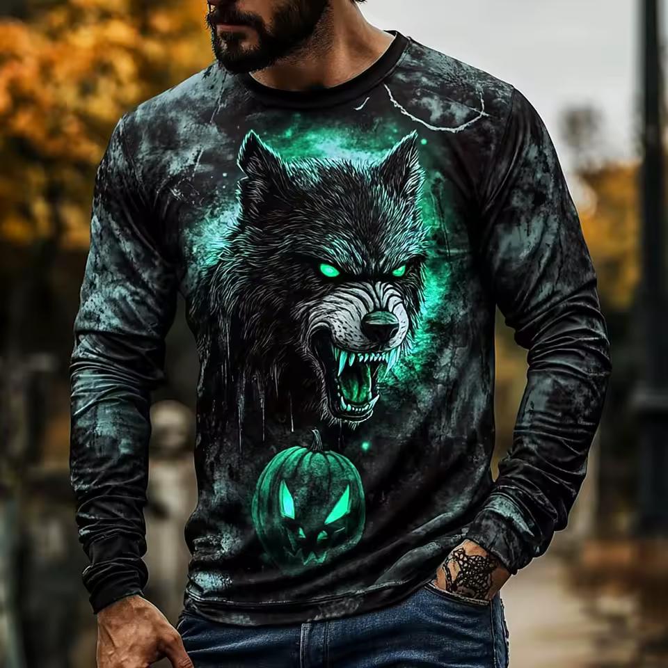 Vtipné 3D Vlčí Vzor Pánské Tričko Hip Hop Trend Harajuku Streetwear Ležérní O-výstřih Dlouhý Rukáv Top Jaro Podzim Volné Oblečení