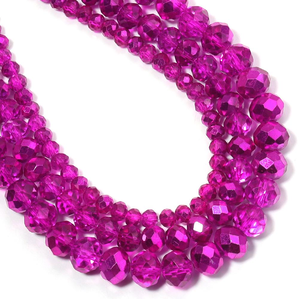 1 Strand 4/6/8mm Hot Pink Faceted Crystal Beads Glass Loose Spacer Beads For Jewelry Making DIY Bracelets Necklace Accessories