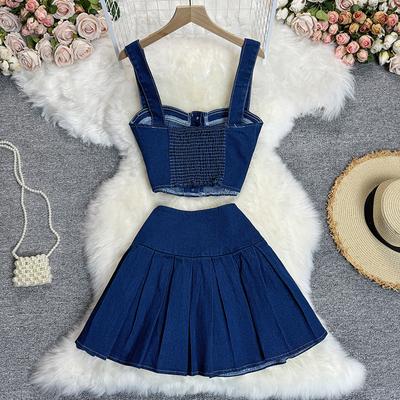 Dámský elegantní retro oblek Hong Kong Style Krátká košilková vesta Mini džínová sukně