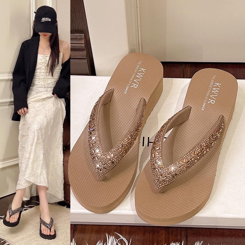 

Fashionable Rhinestone Wedge Flip-Flops: Breathable Summer Beach Sandals for Women EU 35 коричневый