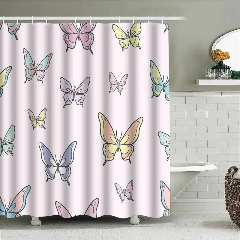Whimsical Butterflies Shower Curtain Pinkcute Bath Decor For Home Bathroom Kids Room Waterproof Print Decorative Shower Panel