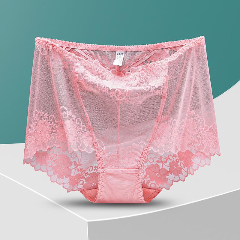 Plus Size Lady Summer Sexy Lace Hollow Out Perspective High Waist Triangle Briefs