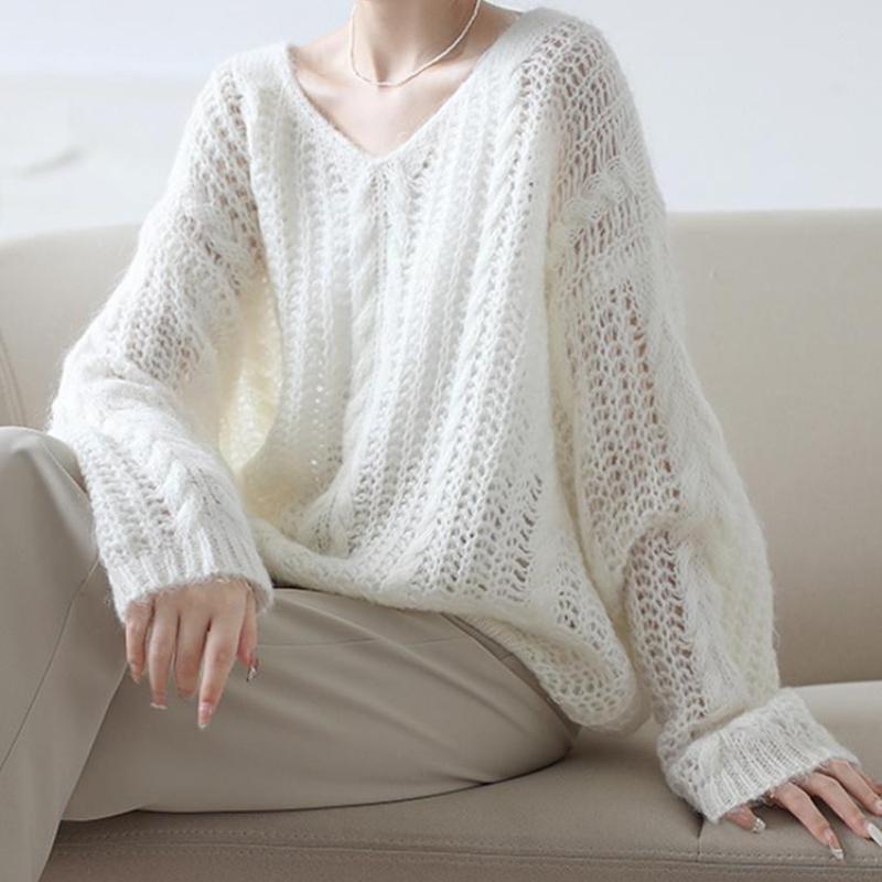 Women's French Lazy Style Soft Solid-Color Early Autumn Lightweight Knit Sweater Gentle Temperament V-Neck Top