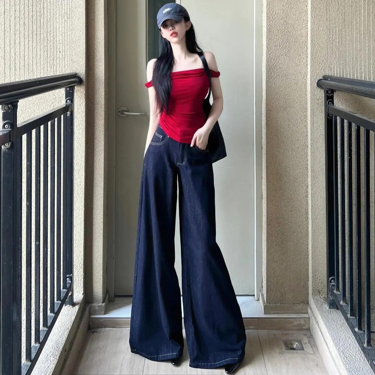 

Женские джинсы с высокой посадкой, темно-синие, широкие штанины - Ретро летний деним, Универсальные, длиной до пола L темно-синий