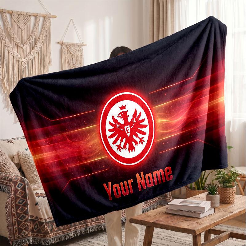 Couverture polaire personnalisée Eintracht Frankfurt avec logo de football, texte de nom personnalisé, couverture jetée douce et chaude pour la maison