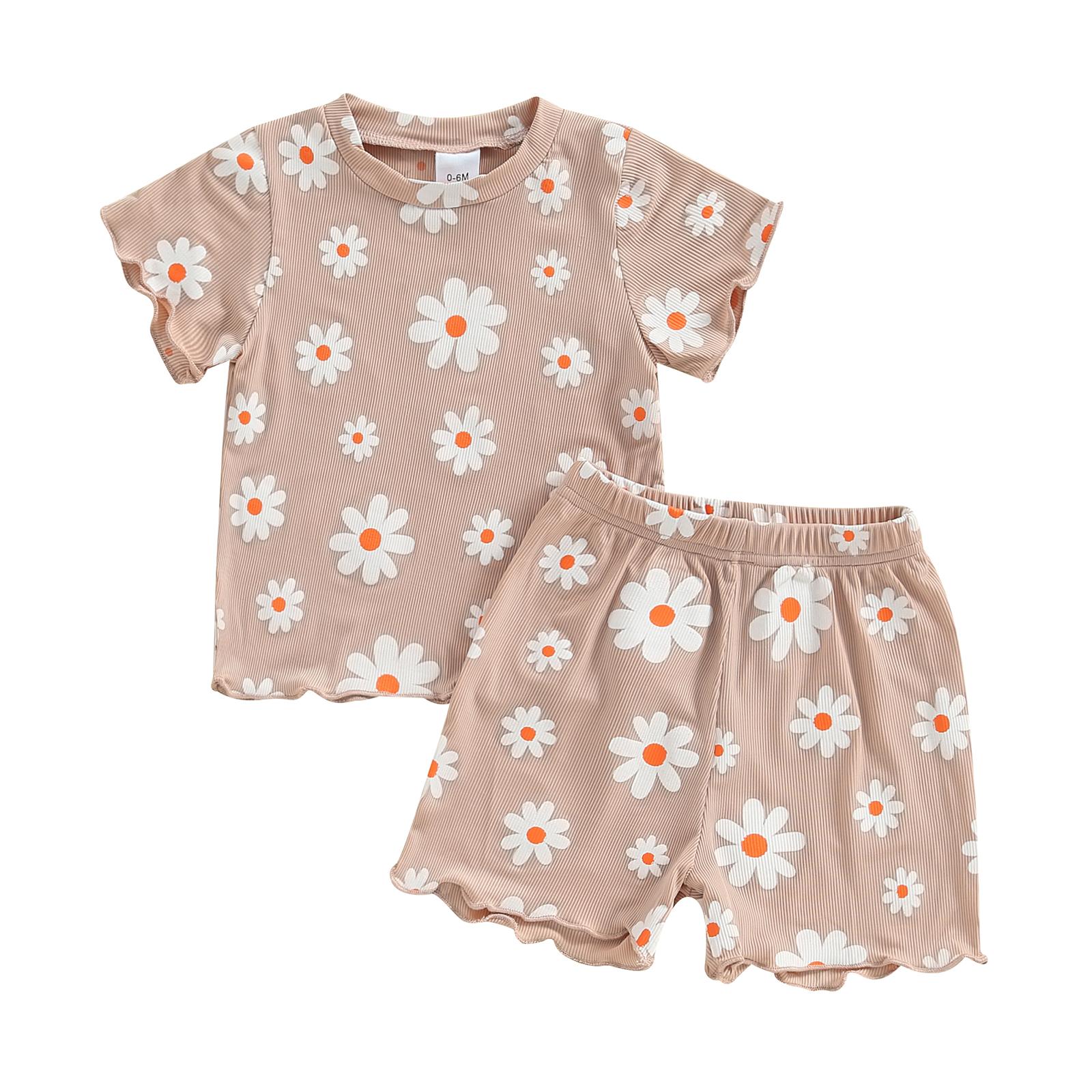 

Летняя одежда для маленьких девочек 6, 12, 18, 24 месяца, 3 лет, футболки с круглым вырезом и короткими рукавами с цветочным принтом, топы и шорты, комплект одежды из 2 предметов 4-5T хаки