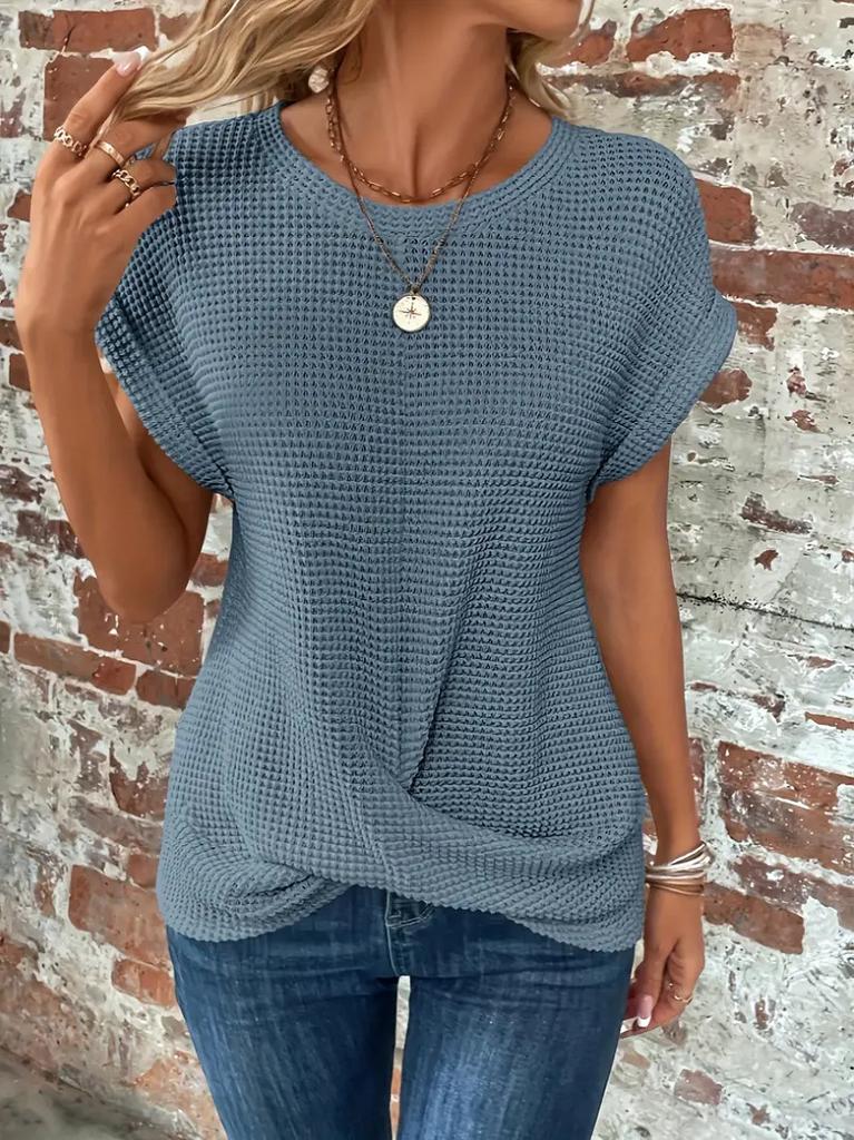 2026 Spring and Summer New Solid Color Round Neck T-shirt Elegant Short Twist Top Women's Clothing Amazon Cross-border Foreign Trade Short Sleeves