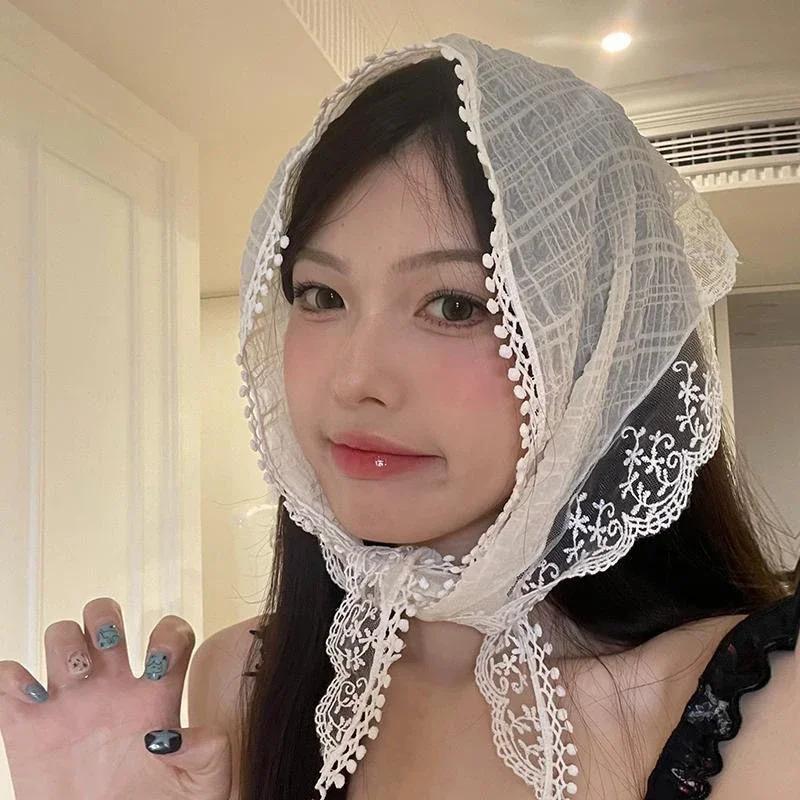 

Корейский кружевной шарф для волос женский треугольный ободок для путешествий, фото, косынка, шляпа, модный головной платок, бандана, аксессуары, подарок белый