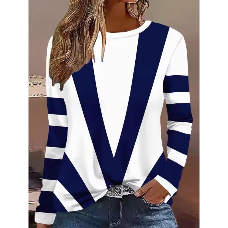 Retro 3D Print Color Block Crew Neck Long Sleeve T-Shirt Womens Clothing Casual Clothes Harajuku Female Clothing Pullover