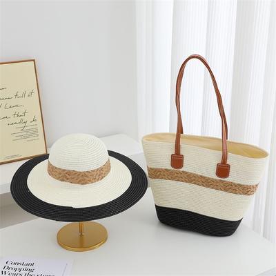 Nouveau set sac et chapeau en paille tressée, chapeau de plage pour femmes, sac chapeau de soleil tressé