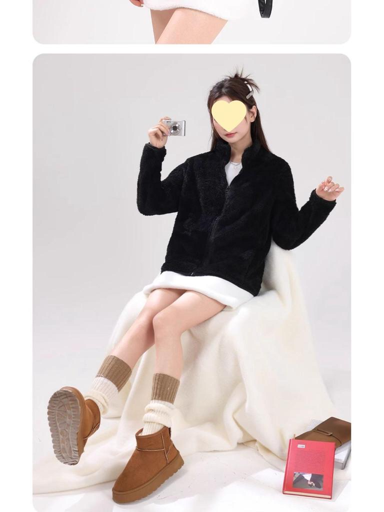 Women's Double-Sided Fleece Jacket - Autumn/Winter Style, Warm Stand-Up Collar, Cardigan Windbreaker.