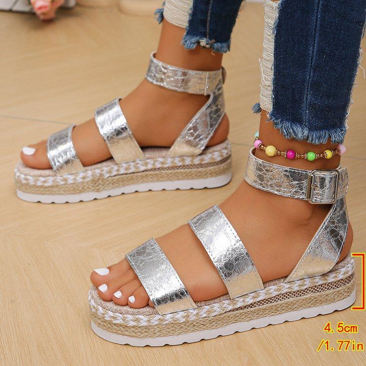 Large size platform beach sandals summer new wide strip hollow fish mouth fashion linen sole women's shoes