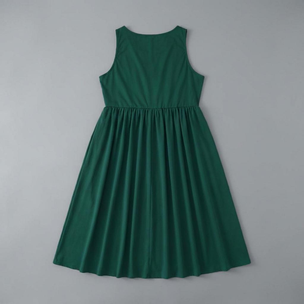 Women's Sleeveless V Neck A Line Dress with Waist Cinch Midi Length Casual Summer Dress