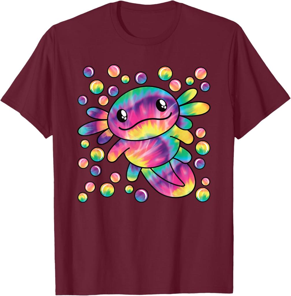 Tie Dye Axolotl Kawaii Salamander Graphic Tee Breathable Short Sleeve T-Shirt Casual for Women Men