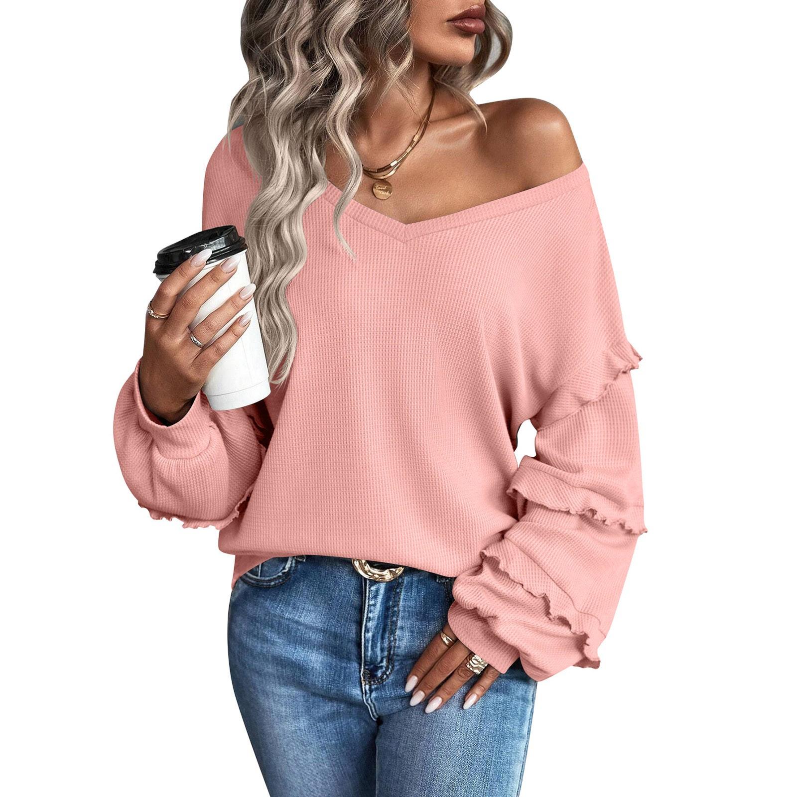 

Женская модная повседневная футболка с V-образным вырезом и длинными рукавами, однотонная футболка с оборками XL розовый