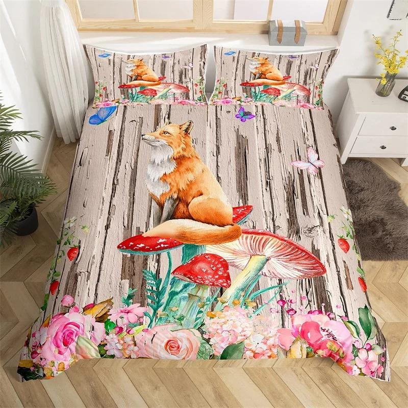 Kawaii Animals Duvet Cover Cute Rabbit Bedding Set Rustic Wooden Comforter Cover Microfiber Floral Bedclothes Queen For Girl Boy