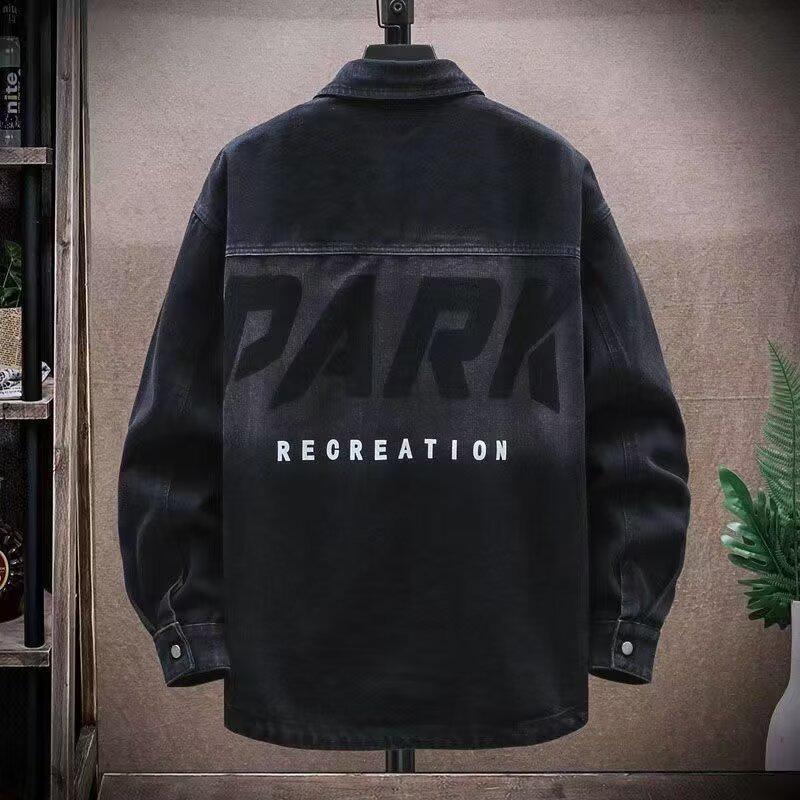 Men's Trendy Turn-Down Collar Long Sleeve Denim Jacket - Casual Spring/Autumn Workwear for Teens and Students