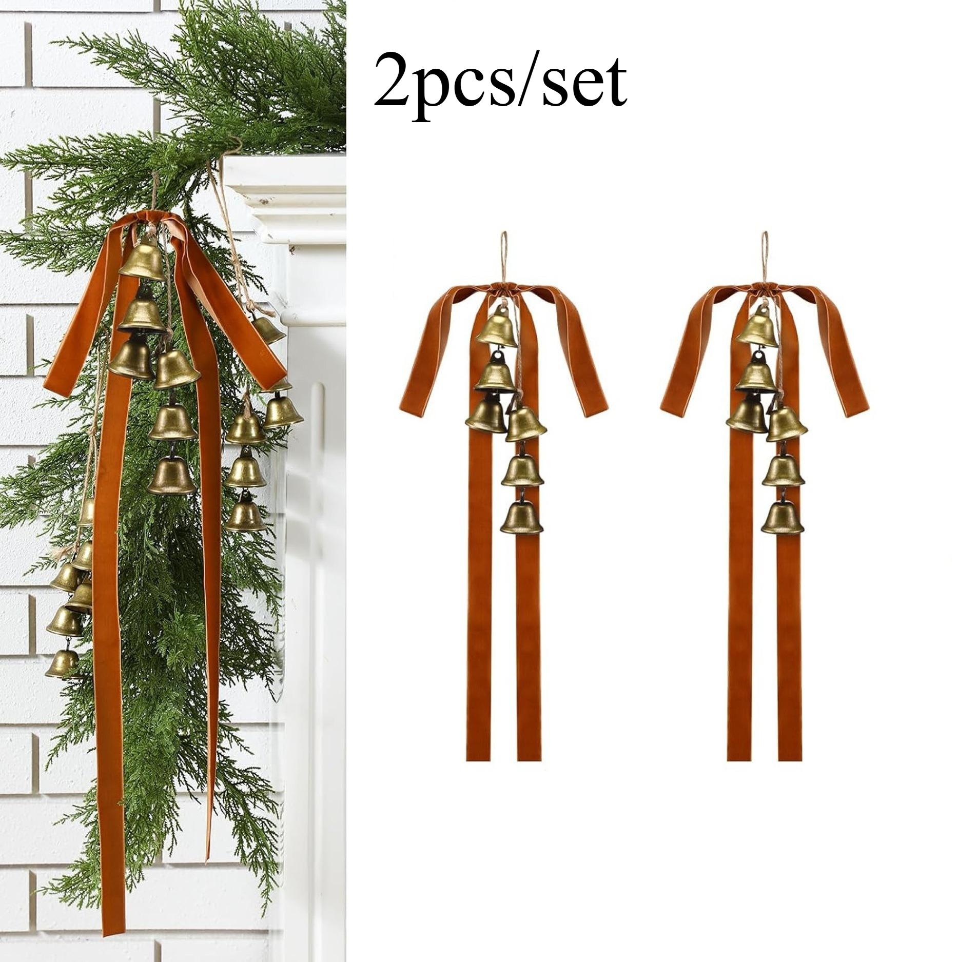 

2/4 шт. Большой рождественский венок с бархатными бантами Винтажная пеньковая веревка Колокольчики Уличный декор для рождественской елки Железный каркас Флок-ткань