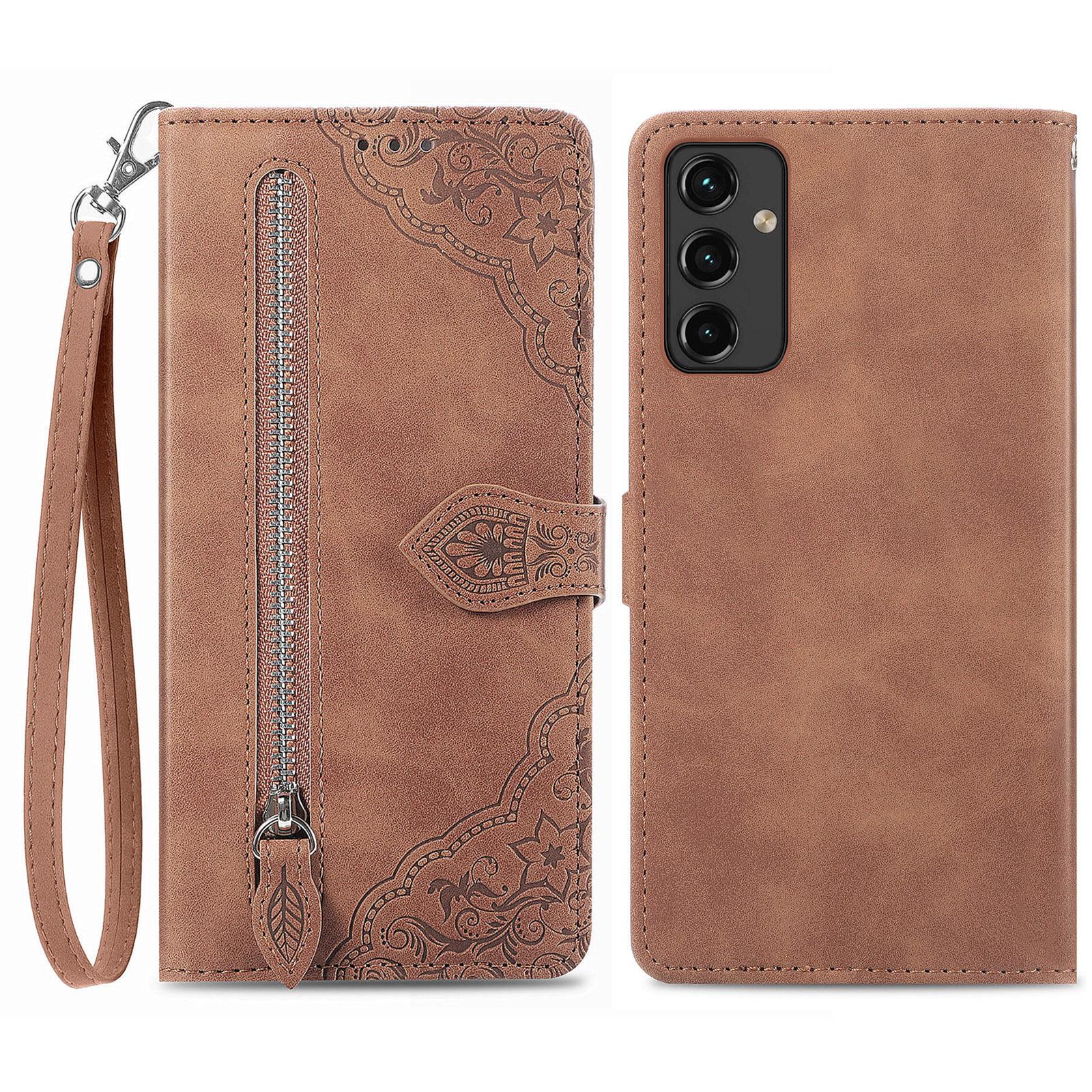 

For Samsung Galaxy A14 5G/A14 4G Zipper Wallet Case with Strap Flower Imprint PU Leather Phone Cover Brown