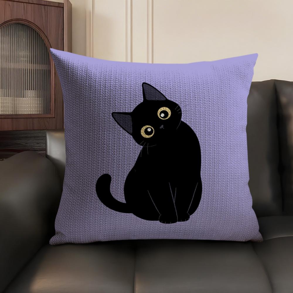 Little Black Cat Cushion Cover Summer Breathable Linen Organic Fabric Double-Sided Printing Sofa Pillow Case Home Decor