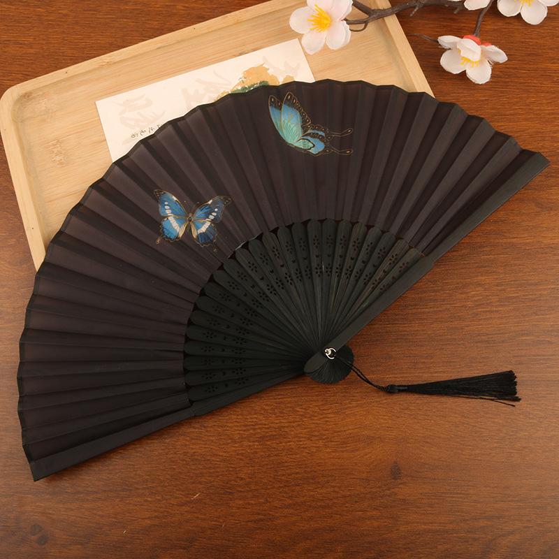 1pc Chinese Style Bamboo Folding Fan Butterfly Pattern Hand Fan With Tassel For Wedding Dance Party Home Decor