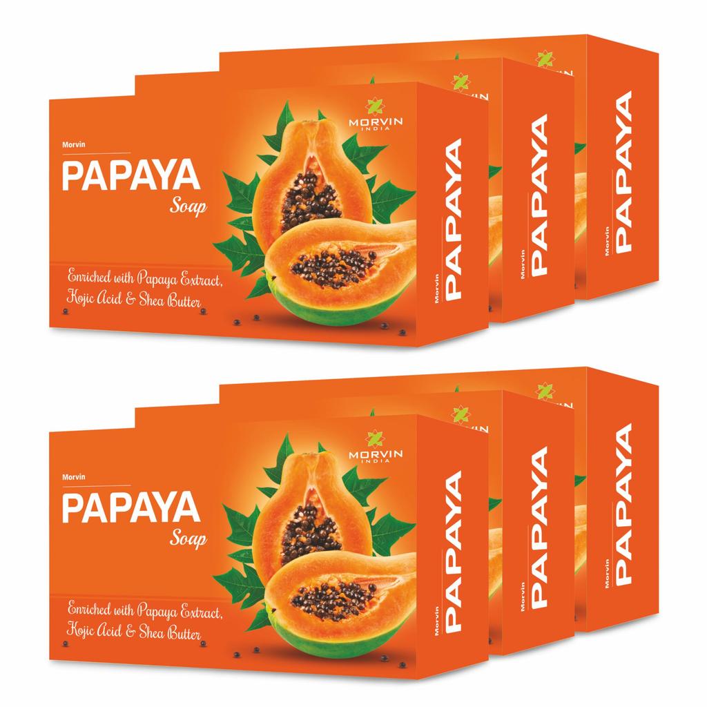 Morvin Papaya Badeseife mit Papaya-Extrakt & Sheabutter | Hautaufhellend, für Glow & Sanfte Reinigung | Tägliche Badeseife | 6er-Packung