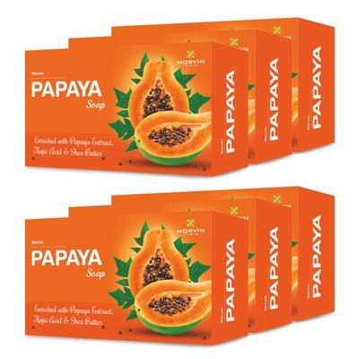 Morvin Papaya Bathing Bar Soap with Papaya Extract & Shea Butter | Skin Brightening, Glow & Gentle Cleansing Soap | Daily Use Bath Bar | Pack of 6