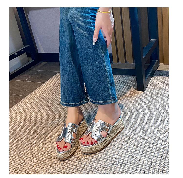 The Bottom of the Retro Hemp Rope Woven One-word Muffin Has Increased by 5cm~ Ruth's Same Straw Woven Summer Casual Versatile H Drag
