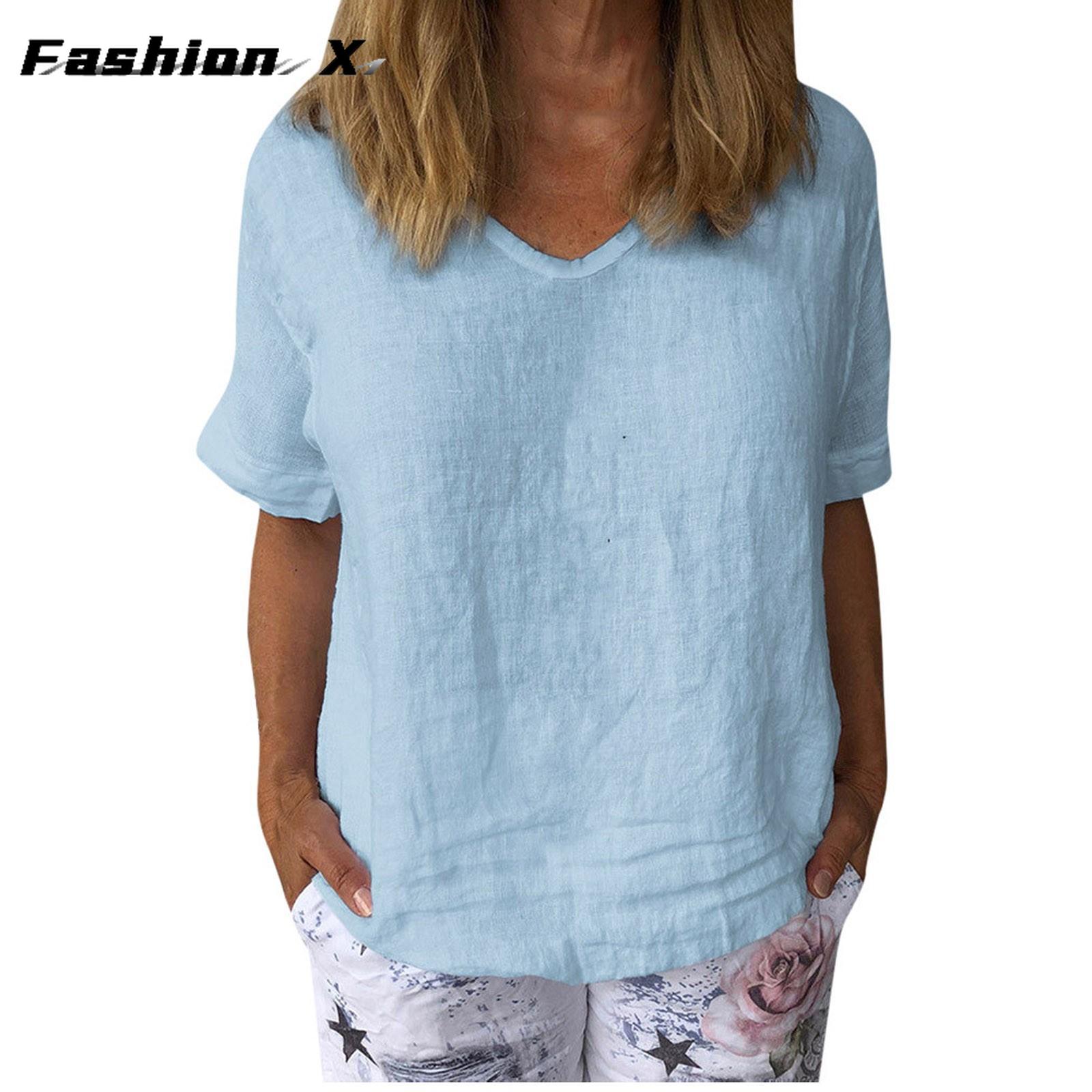 Женская хлопково-льняная футболка с короткими рукавами — фото 4