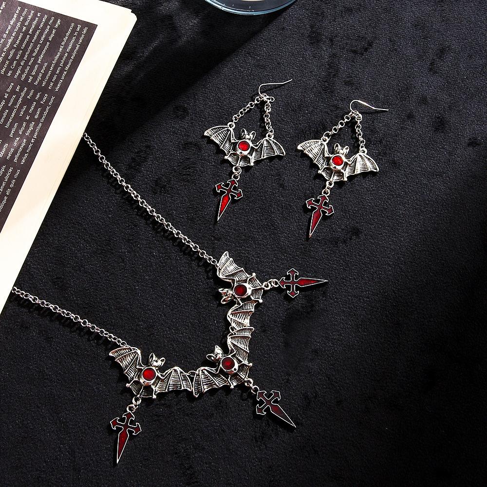 New Dark Gothic Bat Cross Pendant Earrings Necklace Sets For Women Vintage Copper Color Punk Goth Wizard Zircon Accessories