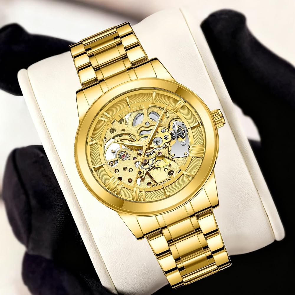 Men's Skeleton Automatic Watch Full Gold Stainless Steel Self Winding Mechanical Dress Watch with Hollow Transparent Dial